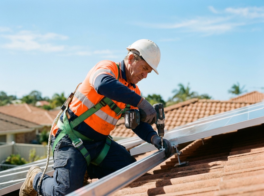 Accredited solar installer mounting rooftop solar panels in Brisbane